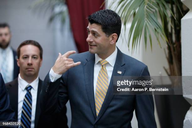 House Speaker Paul Ryan arrives for a House Republican Conference meeting June 6, 2018 on Capitol Hill in Washington, DC. House Republicans gathered...