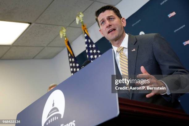 House Speaker Paul Ryan talks with journalists during a news conference following a House Republican Conference meeting June 6, 2018 on Capitol Hill...