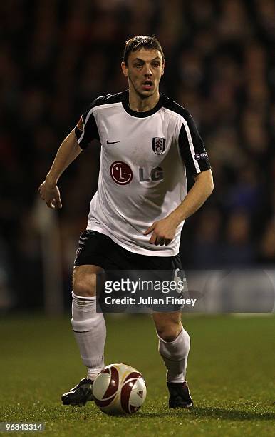 Chris Baird of Fulham in action during the UEFA Europa League 1st leg match between Fulham and Shakhtar Donetsk at Craven Cottage on February 18,...