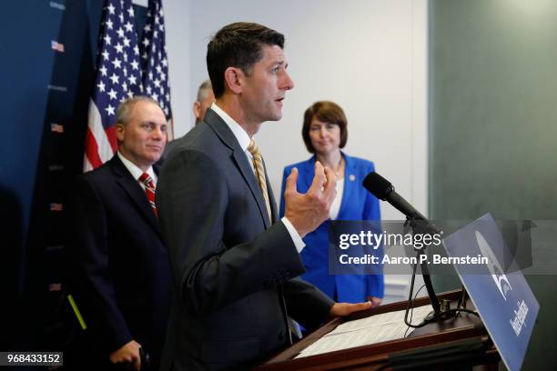 House Speaker Paul Ryan talks with journalists during a news conference following a House Republican Conference meeting June 6, 2018 on Capitol Hill...