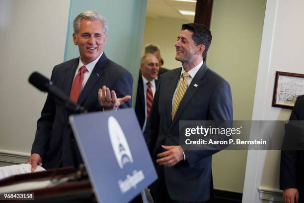 House Majority Leader Kevin McCarthy and House Speaker Paul Ryan arrive for a news conference following a House Republican Conference meeting June 6,...
