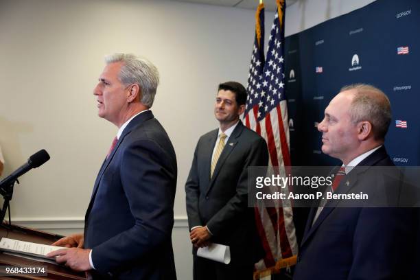 House Majority Leader Rep. Kevin McCarthy , accompanied by House Speaker Paul Ryan and House Majority Whip Rep. Steve Scalise , speaks with reporters...