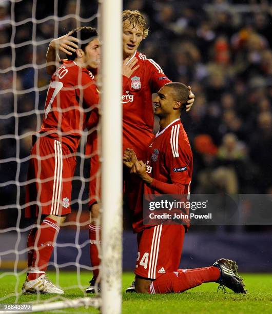 David Ngog of Liverpool celebrates after scoring a goal during the UEFA Europa League first leg game between Liverpool and Unirea Urziceni at Anfield...