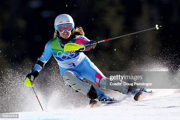 Julia Mancuso of The United States competes during the Alpine Skiing Ladies Super Combined Slalom on day 7 of the Vancouver 2010 Winter Olympics at...