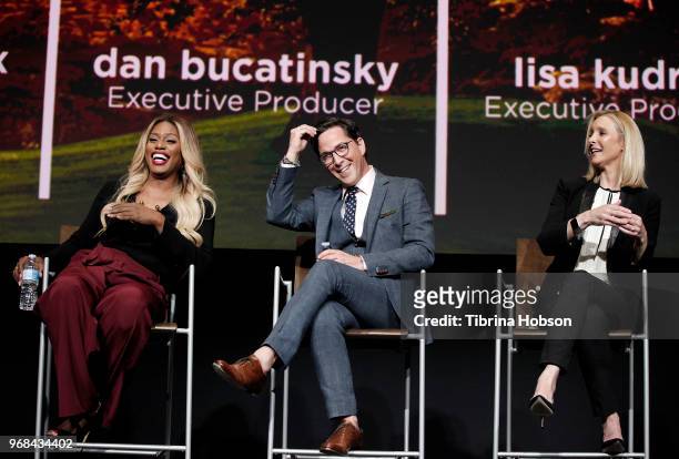 Laverne Cox, Dan Bucatinsky and Lisa Kudrow attend the 'Who Do You Think You Are?' FYC Event at Wolf Theatre on June 5, 2018 in North Hollywood,...