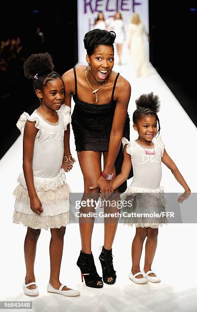 Singer Jamelia and daughters walks down the catwalk at Naomi Campbell's Fashion For Relief Haiti London 2010 Fashion Show at Somerset House on...