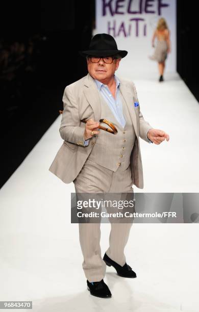 Ronnie Corbett walks down the catwalk at Naomi Campbell's Fashion For Relief Haiti London 2010 Fashion Show at Somerset House on February 18, 2010 in...