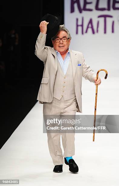 Ronnie Corbett walks down the catwalk at Naomi Campbell's Fashion For Relief Haiti London 2010 Fashion Show at Somerset House on February 18, 2010 in...