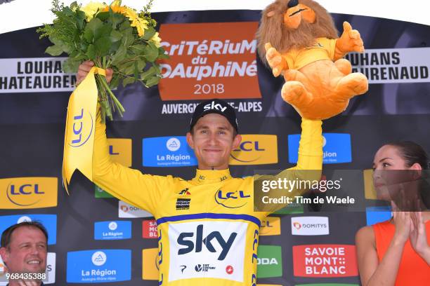 Podium / Michal Kwiatkowski of Poland and Team Sky Yellow Leader Jersey / Celebration / during the 70th Criterium du Dauphine 2018, Stage 3 a 35km...