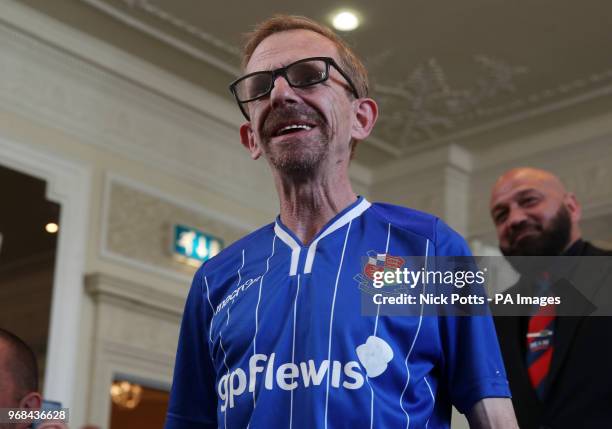 Gordon Hill, better known as The Wealdstone Raider interrupts the press conference at The Midland Hotel, Manchester.
