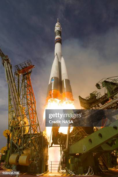 In this handout provided by the National Aeronautics and Space Administration , the Soyuz MS-09 rocket is launched with Expedition 56 Soyuz Commander...