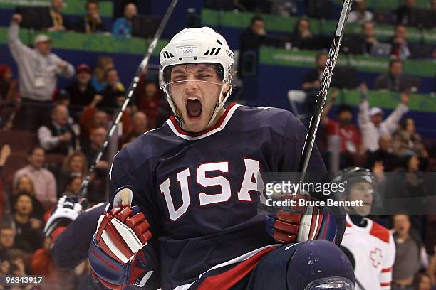 Bobby Ryan of The United States celebrates after he scored the first goal during the ice hockey men's preliminary game between USA and Switzerland on...