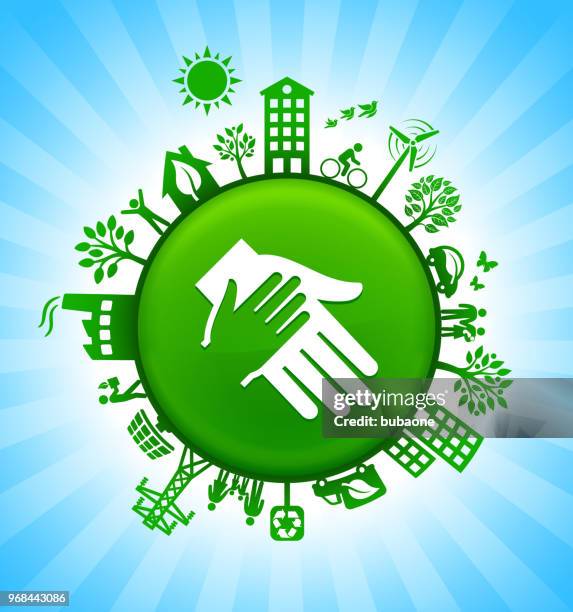 holding hand environment green button background on blue sky - wind power worker stock illustrations