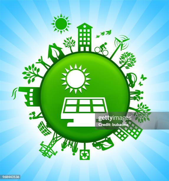 stockillustraties, clipart, cartoons en iconen met de achtergrond van de groene knop van zonnepaneel milieu op blauwe hemel - alternatieve brandstofvoertuig