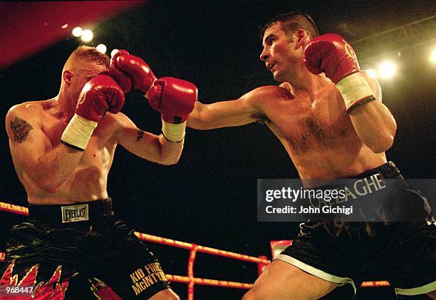 Joe Calzaghe of Great Britain lands a punch on opponent Will McIntyre during the WBO World Super-Middleweight fight at the Parken Stadium in...