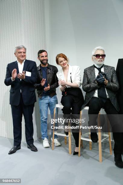 Sidney Toledano, Nicolas Ghesquiere, Emma Stone and Karl Lagerfeld attend the LVMH Prize 2018 Edition at Fondation Louis Vuitton on June 6, 2018 in...