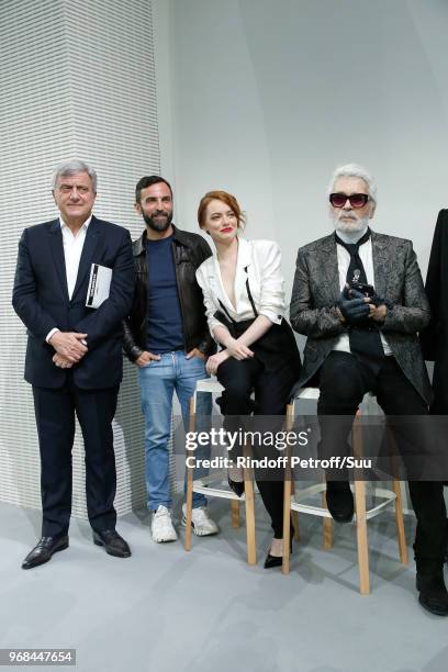 Sidney Toledano, Nicolas Ghesquiere, Emma Stone and Karl Lagerfeld attend the LVMH Prize 2018 Edition at Fondation Louis Vuitton on June 6, 2018 in...