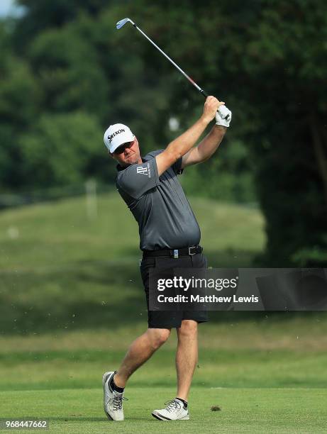 Peter Hanson of Sweden plays a shot from the 17th fairway during the Pro-Am of The 2018 Shot Clock Masters at Diamond Country Club on June 6, 2018 in...