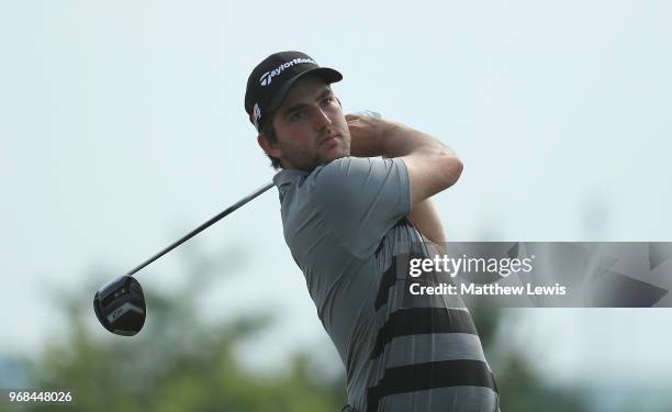 Bradley Neil of Scotland tees off on the 12th hole during the Pro-Am of The 2018 Shot Clock Masters at Diamond Country Club on June 6, 2018 in...
