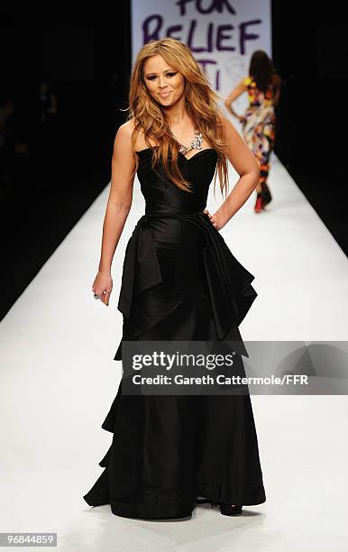 Kimberly Walsh of Girls Aloud walks down the catwalk at Naomi Campbell's Fashion For Relief Haiti London 2010 Fashion Show at Somerset House on...