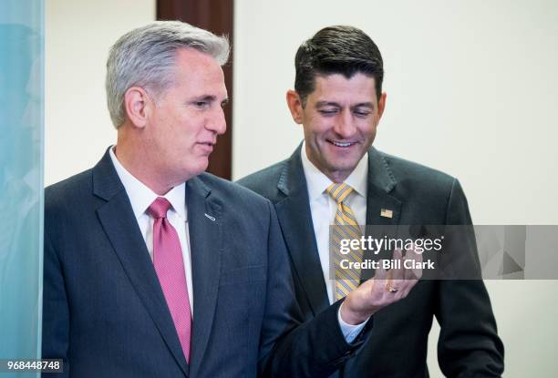 House Majority Leader Kevin McCarthy, R-Calif.,and Speaker of the House Paul Ryan, R-Wisc., arrive to hold the House GOP leadership press conference...