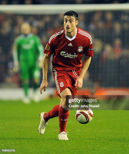 Albert Riera of Liverpool stock during the UEFA Europa League first leg game between Liverpool and Unirea Urziceni at Anfield on February 18, 2010 in...