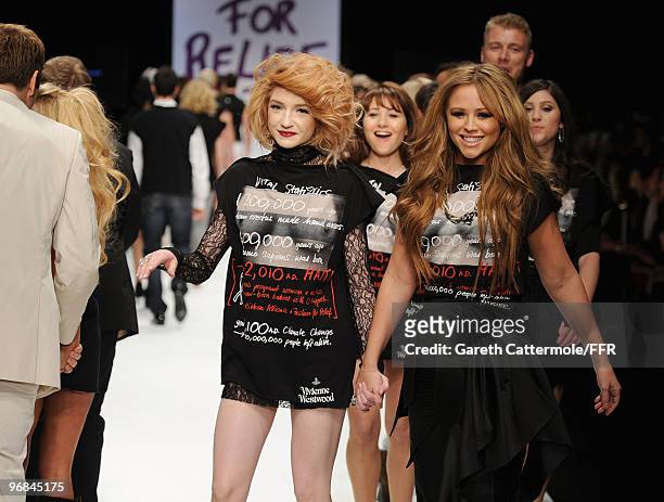 Nicole Richie and Kimberly Walsh of Girls Aloud walks down the catwalk at Naomi Campbell's Fashion For Relief Haiti London 2010 Fashion Show at...