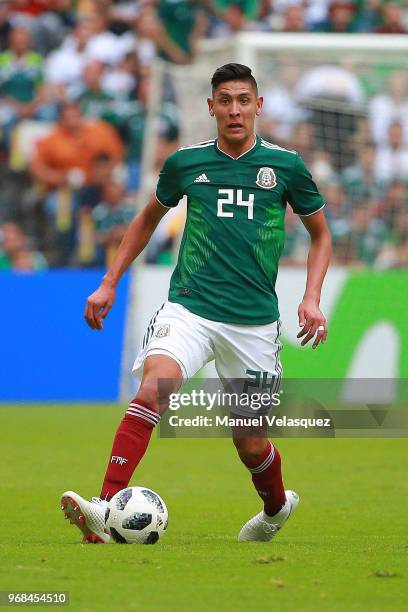 Edson Alvarez of Mexico controls the ball during the International Friendly match between Mexico and Scotland at Estadio Azteca on June 2, 2018 in...