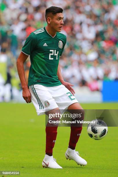 Edson Alvarez of Mexico controls the ball during the International Friendly match between Mexico and Scotland at Estadio Azteca on June 2, 2018 in...