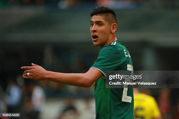 Edson Alvarez of Mexico gestures during the International Friendly match between Mexico and Scotland at Estadio Azteca on June 2, 2018 in Mexico...