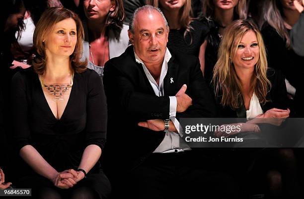 Sarah Brown, Philip Green and Kate Moss watch the Fashion for Relief show for London Fashion Week Autumn/Winter 2010 at Somerset House on February...