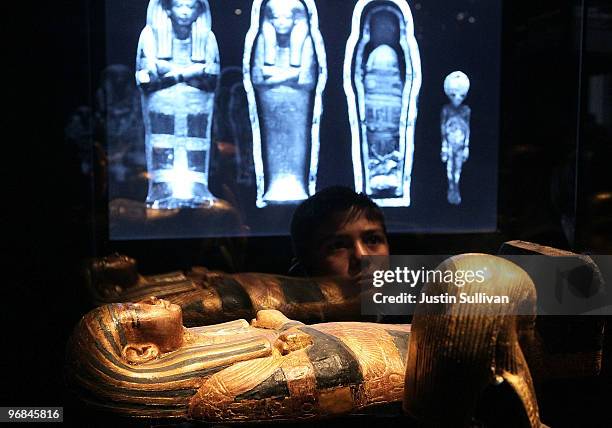 Museum patron looks at a coffinettes of Tutankhamun's children at the Tutankhamun and the Golden Age of the Pharaohs exhibition at the de Young...