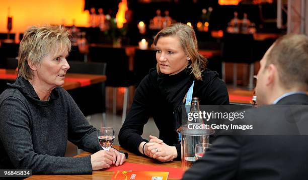 Tina Theune and Alexandra Popp are seen during an interview prior the FIFA Women's World Cup 2011 Countdown event at the Borussia Park Arena on...