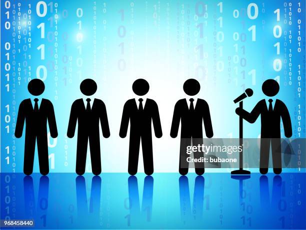 businessmen with microphone on on binary code blue background - recording in progress stock illustrations