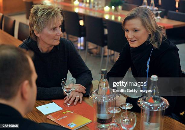 Tina Theune and Alexandra Popp are seen during an interview prior the FIFA Women's World Cup 2011 Countdown event at the Borussia Park Arena on...