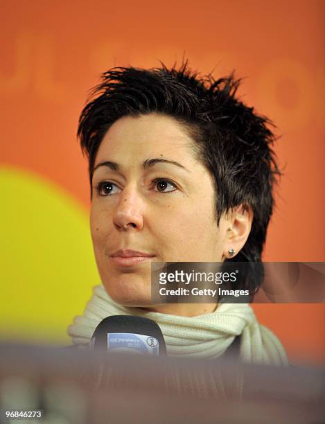 Moderator Dunja Hayali speaks during the FIFA Women's World Cup 2011 Countdown event at the Borussia Park Arena on February 18, 2010 in...