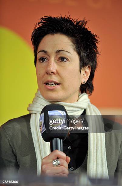 Moderator Dunja Hayali speaks during the FIFA Women's World Cup 2011 Countdown event at the Borussia Park Arena on February 18, 2010 in...