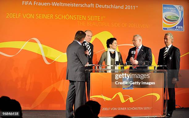 Moderator Jens Grittner, president of Borussia Moenchengladbach Rolf Koenigs, Moderator Dunja Hayali, Mayor of Moenchengladbach Norbert Bude and...