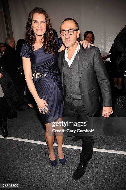 Brooke Shields and designer Gilles Mendel attend J. Mendel Fall 2010 during Mercedes-Benz Fashion Week at Bryant Park on February 18, 2010 in New...