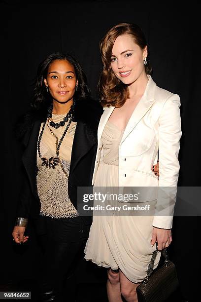 Jewelry designer Monique Pean and Melissa George seen backstage at J. Mendel Fall 2010 during Mercedes-Benz Fashion Week at Bryant Park on February...