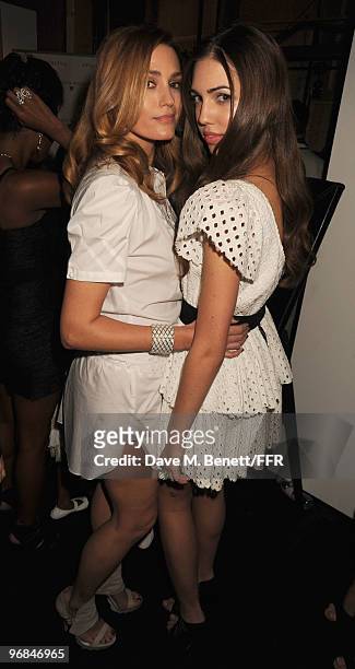 Yasmin Le Bon and Amber Le Bon pose backstage during Naomi Campbell's Fashion For Relief Haiti London 2010 Fashion Show at Somerset House on February...