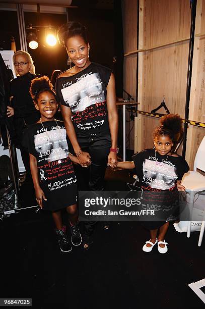 Jamelia appears backstage with her children During Naomi Campbell's Fashion for Relief Haiti London at Somerset House on February 18, 2010 in London,...