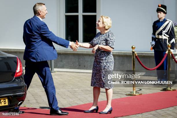 Dutch Minister of Defence Ank Bijleveld-Schouten welcomes Norwegian Minister of Defense Frank Bakke-Jensen upon his arrival for a meeting of the...