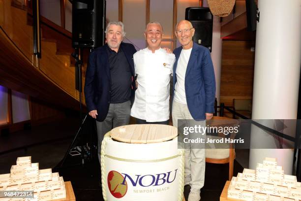 Robert De Niro, Chef Nobu Matsuhisa and Nobu Founder Meir Teper attend Nobu Newport Beach Sake Ceremony at Lido Marina Village at Nobu on June 5,...