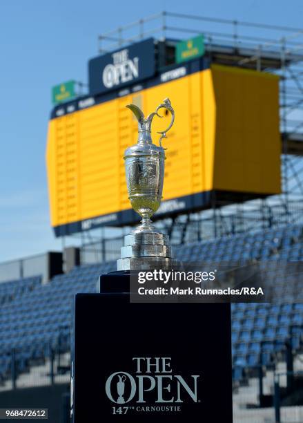 The Open Claret Jug at the 18th green as Former Open Winner Tom Watson of USA is announced as an Ambassador to The Open at Carnoustie Golf Club on...