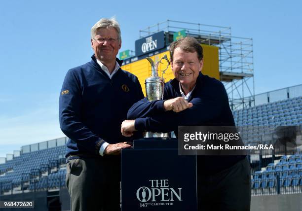 Former Open Winner Tom Watson , of USA is announced as an Ambassador to The Open by R&A Chief Executive Martin Slumbers at Carnoustie Golf Club on...