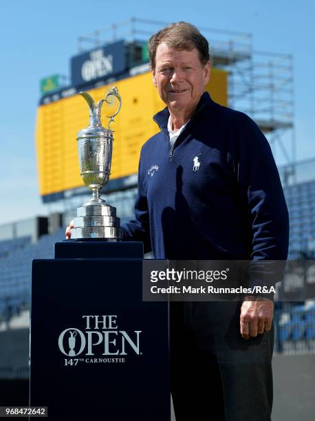 Former Open Winner Tom Watson of USA poses with the Claret Jug as he is announced as an Ambassador to The Open at Carnoustie Golf Club on June 6,...