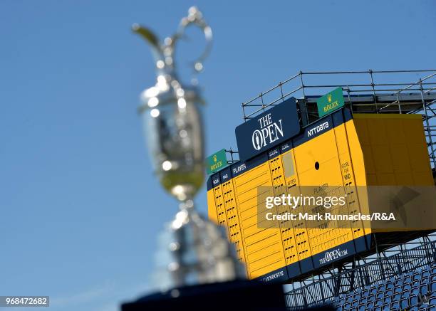 Message is displayed on the score board at the 18th green as Former Open Winner Tom Watson of USA is announced as an Ambassador to The Open at...