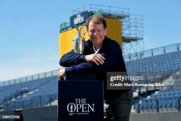 Former Open Winner Tom Watson of USA poses with the Claret Jug as he is announced as an Ambassador to The Open at Carnoustie Golf Club on June 6,...