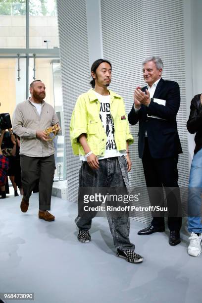Young Designer awarded Masayuki Ino and Sidney Toledano attend the LVMH Prize 2018 Edition at Fondation Louis Vuitton on June 6, 2018 in Paris,...
